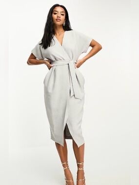 Closet London Women's Wrap Gray Midi Dress Size 12 New